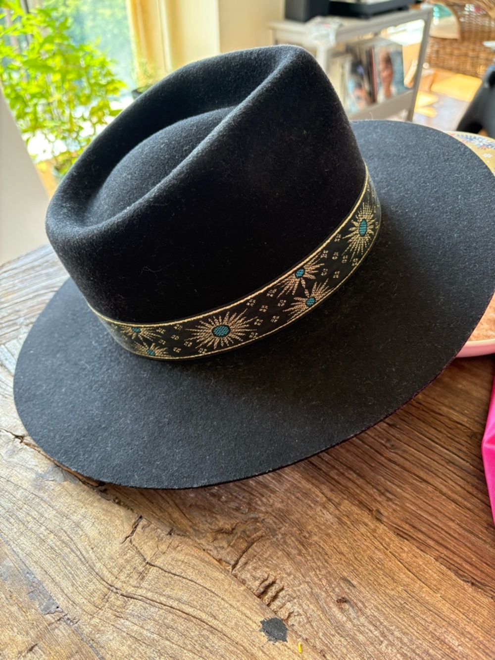 Lack Of Color Black Wide Brim Fedora with Embroidered gold and Turquoise Band
